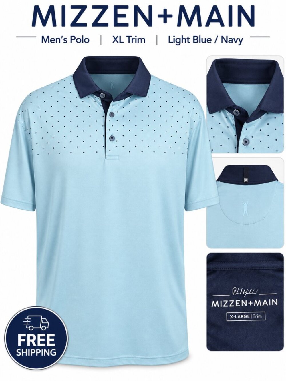 Mizzen+Main Men's XL Trim Light Blue Navy Dot Polo Golf Shirt